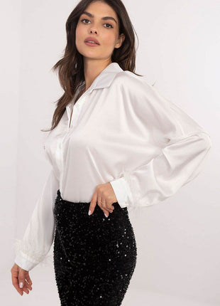 Elegant Women’s Classic Cut Shirt with Feathered Cuffs – Polyester-Viscose Blend, Long Length, Side Slits, Button Closure - MimiStylez