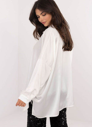 Elegant Women’s Classic Cut Shirt with Feathered Cuffs – Polyester-Viscose Blend, Long Length, Side Slits, Button Closure - MimiStylez