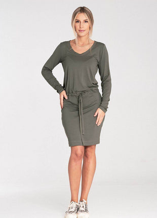 Long Sleeve Dress with Drawstring Waist & Half-Round Neckline - MimiStylez