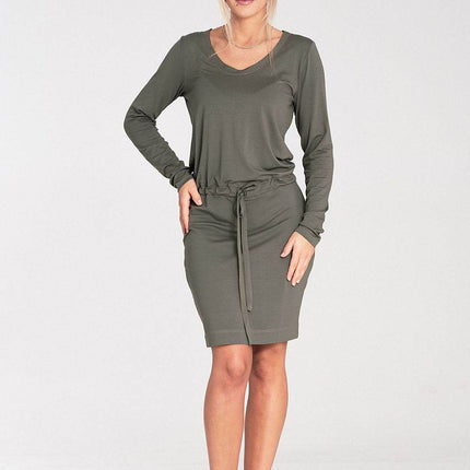 Long Sleeve Dress with Drawstring Waist & Half-Round Neckline - MimiStylez