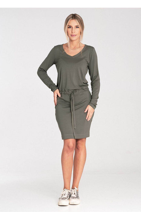 Long Sleeve Dress with Drawstring Waist & Half-Round Neckline - MimiStylez