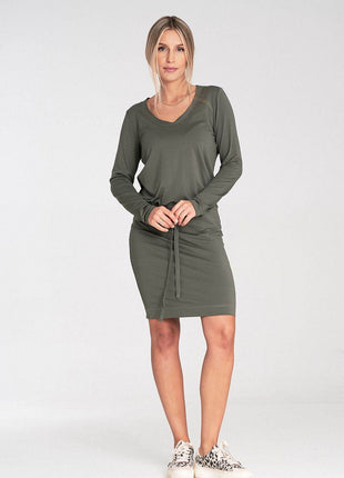 Long Sleeve Dress with Drawstring Waist & Half-Round Neckline - MimiStylez