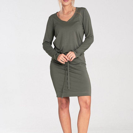 Long Sleeve Dress with Drawstring Waist & Half-Round Neckline - MimiStylez