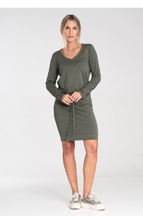 Long Sleeve Dress with Drawstring Waist & Half-Round Neckline - MimiStylez