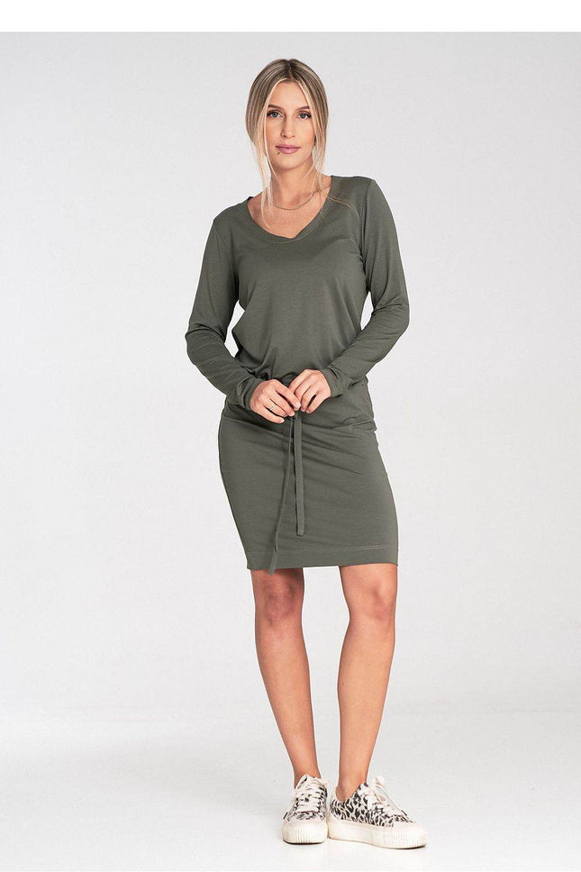 Long Sleeve Dress with Drawstring Waist & Half-Round Neckline - MimiStylez