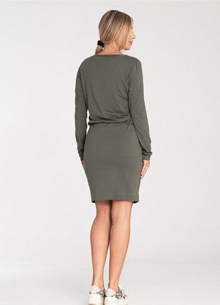 Long Sleeve Dress with Drawstring Waist & Half-Round Neckline - MimiStylez