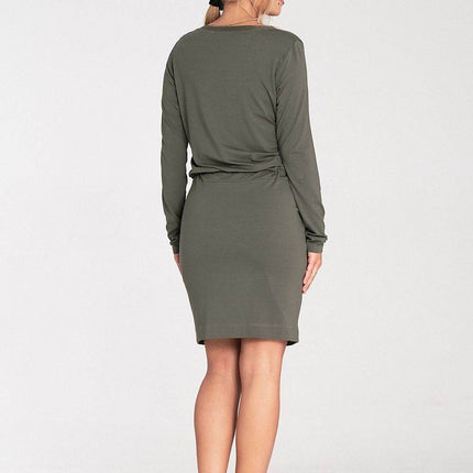 Long Sleeve Dress with Drawstring Waist & Half-Round Neckline - MimiStylez