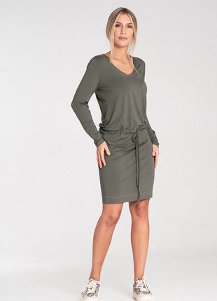 Long Sleeve Dress with Drawstring Waist & Half-Round Neckline - MimiStylez