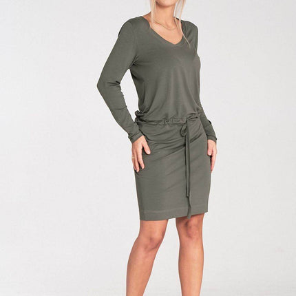 Long Sleeve Dress with Drawstring Waist & Half-Round Neckline - MimiStylez
