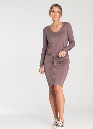 Long Sleeve Dress with Drawstring Waist & Half-Round Neckline - MimiStylez