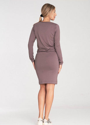 Long Sleeve Dress with Drawstring Waist & Half-Round Neckline - MimiStylez