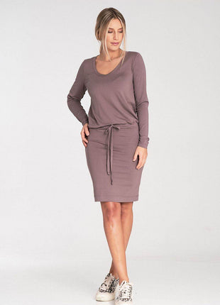 Long Sleeve Dress with Drawstring Waist & Half-Round Neckline - MimiStylez