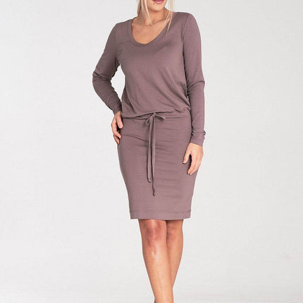 Long Sleeve Dress with Drawstring Waist & Half-Round Neckline - MimiStylez