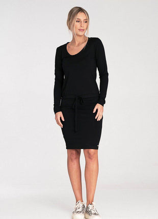 Long Sleeve Dress with Drawstring Waist & Half-Round Neckline - MimiStylez