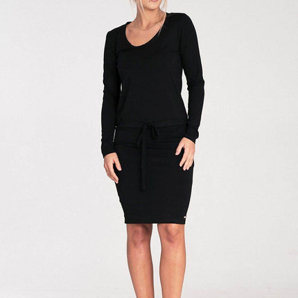 Long Sleeve Dress with Drawstring Waist & Half-Round Neckline - MimiStylez