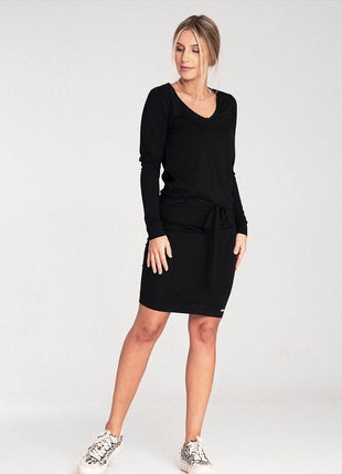 Long Sleeve Dress with Drawstring Waist & Half-Round Neckline - MimiStylez
