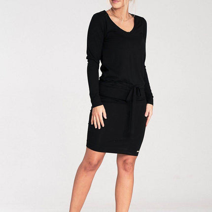 Long Sleeve Dress with Drawstring Waist & Half-Round Neckline - MimiStylez