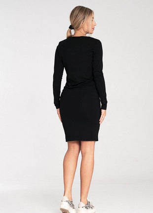 Long Sleeve Dress with Drawstring Waist & Half-Round Neckline - MimiStylez
