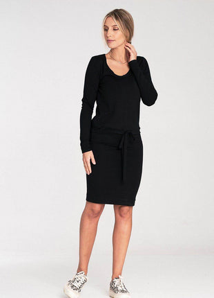 Long Sleeve Dress with Drawstring Waist & Half-Round Neckline - MimiStylez