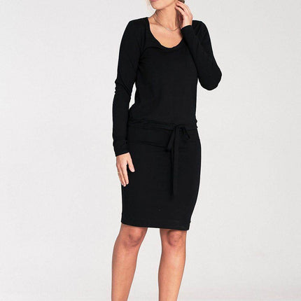 Long Sleeve Dress with Drawstring Waist & Half-Round Neckline - MimiStylez