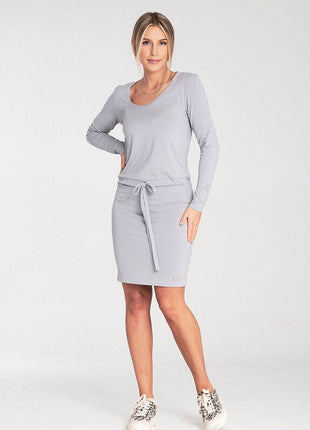 Long Sleeve Dress with Drawstring Waist & Half-Round Neckline - MimiStylez