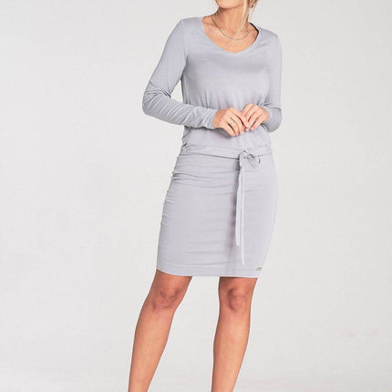 Long Sleeve Dress with Drawstring Waist & Half-Round Neckline - MimiStylez