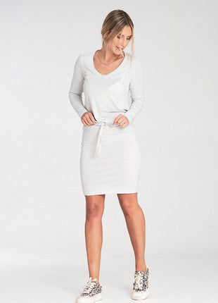 Long Sleeve Dress with Drawstring Waist & Half-Round Neckline - MimiStylez
