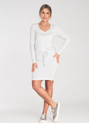Long Sleeve Dress with Drawstring Waist & Half-Round Neckline - MimiStylez
