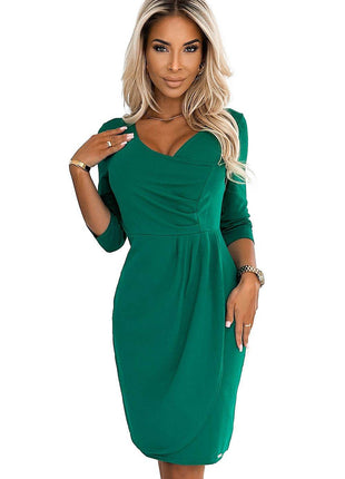 Iris Bottle Green Dress with Pleated Neckline & 3/4 Sleeves – Stylish & Comfortable - MimiStylez