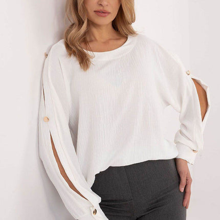 Classic Elegant Blouse with Boat Neck & Decorative Buttoned Sleeves - MimiStylez