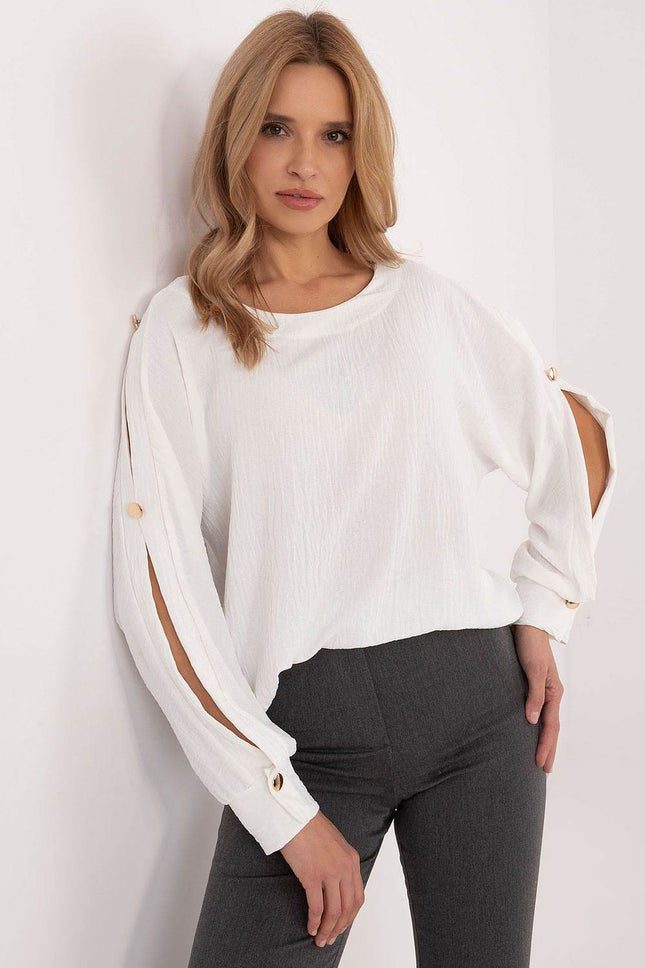 Classic Elegant Blouse with Boat Neck & Decorative Buttoned Sleeves - MimiStylez