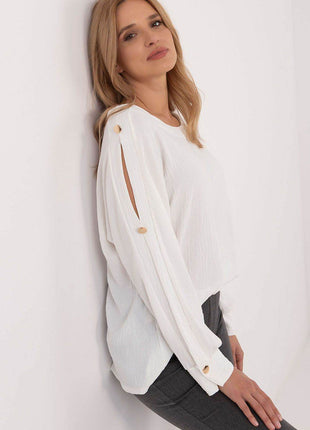 Classic Elegant Blouse with Boat Neck & Decorative Buttoned Sleeves - MimiStylez