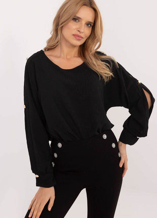 Classic Elegant Blouse with Boat Neck & Decorative Buttoned Sleeves - MimiStylez