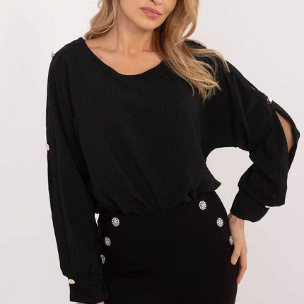 Classic Elegant Blouse with Boat Neck & Decorative Buttoned Sleeves - MimiStylez