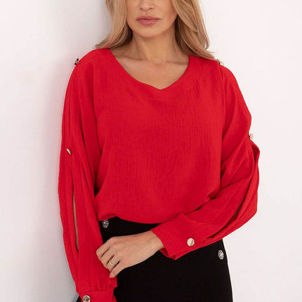 Classic Elegant Blouse with Boat Neck & Decorative Buttoned Sleeves - MimiStylez