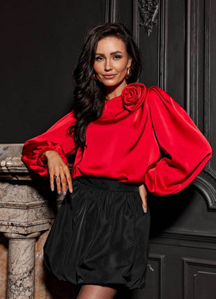 Satin Blouse with Rose Detail & Puff 3/4 Sleeves – Elegant & Comfortable - MimiStylez