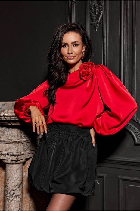 Satin Blouse with Rose Detail & Puff 3/4 Sleeves – Elegant & Comfortable - MimiStylez