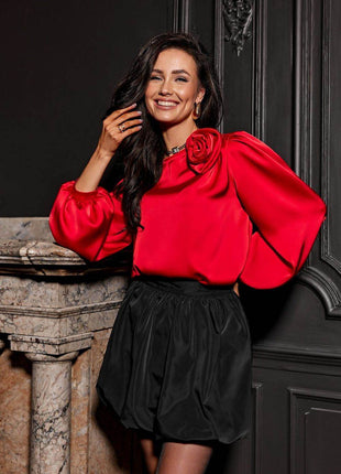 Satin Blouse with Rose Detail & Puff 3/4 Sleeves – Elegant & Comfortable - MimiStylez