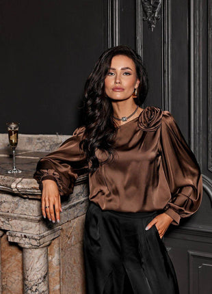 Satin Blouse with Rose Detail & Puff 3/4 Sleeves – Elegant & Comfortable - MimiStylez