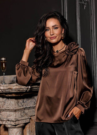 Satin Blouse with Rose Detail & Puff 3/4 Sleeves – Elegant & Comfortable - MimiStylez