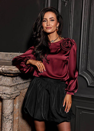 Satin Blouse with Rose Detail & Puff 3/4 Sleeves – Elegant & Comfortable - MimiStylez