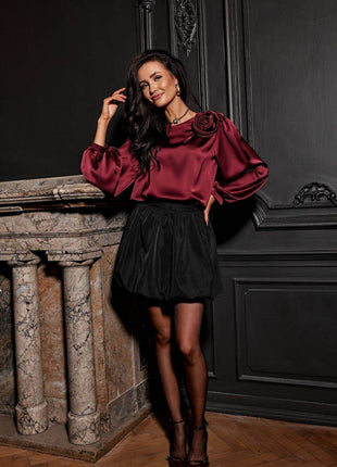 Satin Blouse with Rose Detail & Puff 3/4 Sleeves – Elegant & Comfortable - MimiStylez