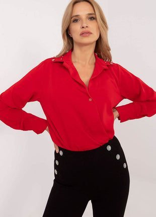 Elegant Women’s Classic Cut Shirt with Zircon-Embellished Collar – Polyester-Viscose Blend, Long Sleeves, Button Closure - MimiStylez