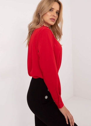 Elegant Women’s Classic Cut Shirt with Zircon-Embellished Collar – Polyester-Viscose Blend, Long Sleeves, Button Closure - MimiStylez