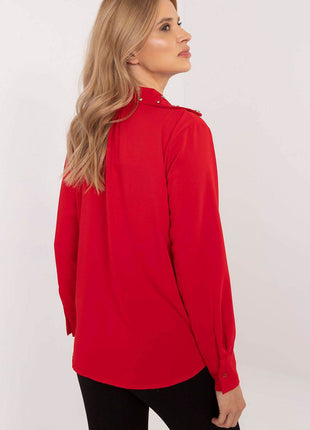 Elegant Women’s Classic Cut Shirt with Zircon-Embellished Collar – Polyester-Viscose Blend, Long Sleeves, Button Closure - MimiStylez