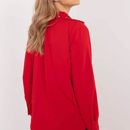 Elegant Women’s Classic Cut Shirt with Zircon-Embellished Collar – Polyester-Viscose Blend, Long Sleeves, Button Closure - MimiStylez