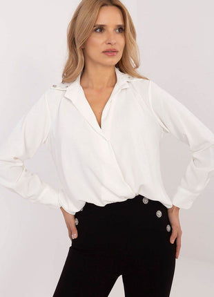 Elegant Women’s Classic Cut Shirt with Zircon-Embellished Collar – Polyester-Viscose Blend, Long Sleeves, Button Closure - MimiStylez