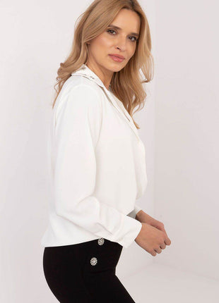 Elegant Women’s Classic Cut Shirt with Zircon-Embellished Collar – Polyester-Viscose Blend, Long Sleeves, Button Closure - MimiStylez