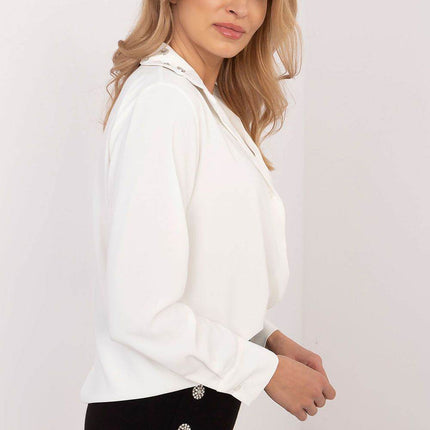 Elegant Women’s Classic Cut Shirt with Zircon-Embellished Collar – Polyester-Viscose Blend, Long Sleeves, Button Closure - MimiStylez