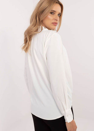 Elegant Women’s Classic Cut Shirt with Zircon-Embellished Collar – Polyester-Viscose Blend, Long Sleeves, Button Closure - MimiStylez